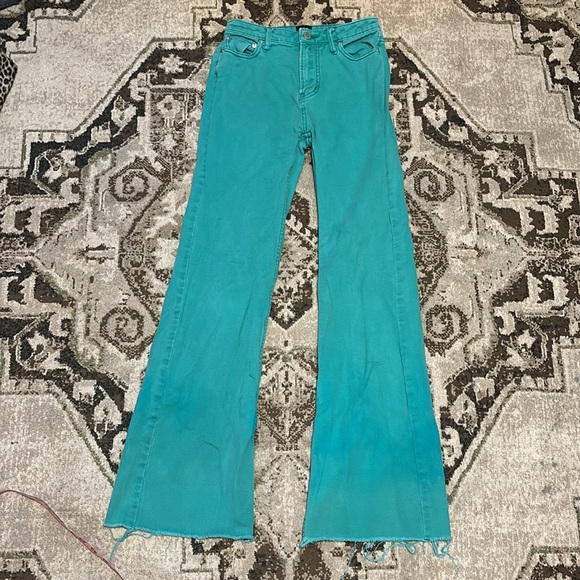 BDG Turquoise high waisted bell bottom flare jeans womens denim frayed hem 25 - Picture 3 of 4